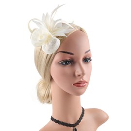 Tiny Fascinators for Women, Feather Tea Party Hats Wedding Mesh Kentucky Derby Hat, Cocktail, Wedding, Fancy Dress Party（Beige