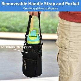 Icesip Water Bottle Carrier Bag with Strap for Owala FreeSip 32oz with Detachable Phone Pocket for Owala Accessories 32oz Water Bottle Sleeve for Walking Camping Gym Black