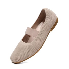 DEXJEWU Women’s Flats Shoes Knit Mary Jane Ballet Flat Comfort Walking Dressy Work Office Ballerina Slip-on Shoes with Strap, 027 Beige, 7.5 US