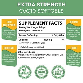 1000mg Liposomal CoQ10 Softgels  Better Absorption CoQ10 Ubiquinol Supplement  Heart Function  Energy Production  Active Antioxidant Form of Vegan... 
