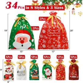 34Pcs Christmas Gift Bags Assorted Sizes, Christmas Drawstring Gift Bags Bulk fo