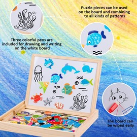 Uping Magnetic Wooden Puzzle Easel Double-Sided Board Wooden Board Doodle 90 Puzzle and 40 Letter Pieces for Children from 3 Years Ocean
