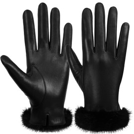 FIORETTO Womens Genuine Leather Gloves Touchscreen Cashmere Lining Winter Warm Gloves Black Medium
