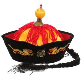 Gadpiparty Chinese Oriental Asian Emperor Hat with Braids Ponytail Ancient Chinese Royal Emperor Hat for Party Cosplay Stage Performance
