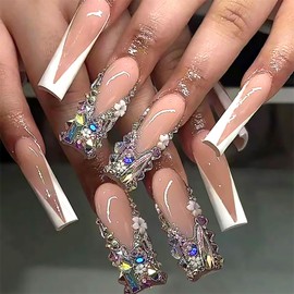 Bling Rhinestones Press on Nails Long Square Fake Nail with 3D Flowers Charms Designs White French Tip False Nails Full Cover Artificial Stick on Nail Acrylic Glue on Nail for Women 24 Pcs