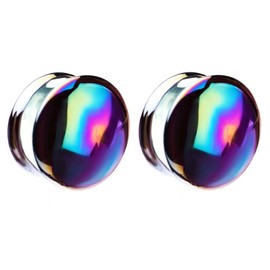 Pierced Owl Front Facing Metallic Rainbow Oil Slick Glass Saddle Plugs, Sold as a Pair (8mm (0GA))