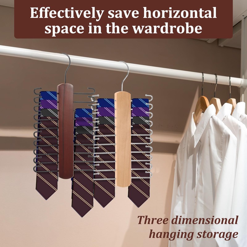 4Pcs Wood Tie Rack Hanger with 20 Metal Hooks Space