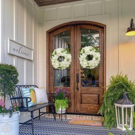 Briful Artificial Hydrangea Wreath 16 ½in White Silk Hydrangea Faux Wreath Realistic Fake Wreaths for Home Front Door Mantle Wall Farmhouse Decor