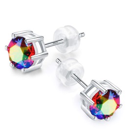 925 Sterling Silver,6.5mm Custom Designed Crystal Earring Gemstone Stone, Stud with Gift Box,Men Women (042)