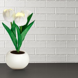 Sunset Ridge Light up LED Tulip Flowers. (Set of 1) 8 inch Height. 4 inch Wide White Resin Flower vase with 3 dimmable LED Tulips. Beautiful nightlight Perfect for Any Candle Setting, White