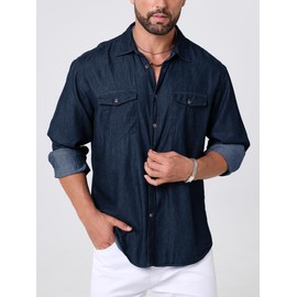 LUIGRAD Mens Denim Shirts Long Sleeve Lightweight Denim Button Up Shirts with Two Pockets (Deep Navy,2XL)