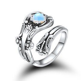 Zaoune Moonstone Spoon Ring for women Personality Black Onyx Adjustable Personality Vintage Open Spoon Rings Silver Boho Thumb Jewelry (Moonstone and Dragonfly, Adjustable)