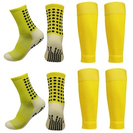 BUKEORE 2 Set Anti-slip Grip Soccer Socks with Shin Guard Sleeves, Sports Athletic Socks for Men Women (US, Alpha, One Size, Regular, Regular, Men: 6-12 Woman: 7-13, 2 Set: Yellow)