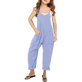 LNKQA Girl's Casual Sleeveless Jumpsuits Spaghetti Straps Harem Long Overalls With Pockets (Blue,11-12 Years)