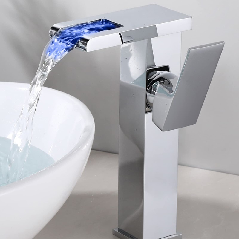 Chrome Bathroom Vessel Faucet Led Light 3 Color Changing Waterfall