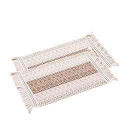 Bohemian Woven Cotton and Linen Placemats with Tassels, Washable Place Mats, Table Set, Table Decoration for Home, Kitchen, Restaurant, Hotel, Rustic Boho Wedding Decoration, Pack of 2, Beige