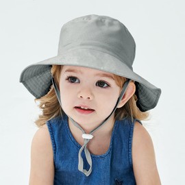 LO SHOKIM Baby Sun Hat 2 Pack Toddler UPF 50+ Summer Sun Protection Wide Brim Bucket Hat Baby Girl Beach Hat Boy Kids Adjustable Cap Summer (Grey + Navy, L)