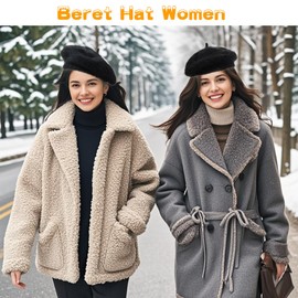 FloraMolly Beret Hat Women, Plush Soft Lightweight Ladies Hats Winter Black Beret for Ladies Teenagers Girls, with 2 pcs Hairpins