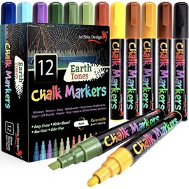 ArtShip Design 12 Earth Tone Chalk Markers Double Pack of Both Fine and Reversible Medium Ti...