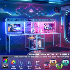 Cyclysio Gaming Desk with Hutch, 39'' Computer Desk with LED Lights & Power Outlets, Home Office Desk with Reversible 5 Tiers Storage Shelves & Monitor Stand, Small Gaming Table for Small Space, White