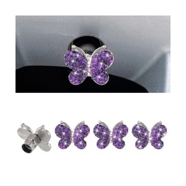 Sandfren 4PCS Bling Car Tire Valve Stem Caps, Butterfly Rhinestone Vehicle Wheel Air Cover, Diamond Dustproof Automotive Stem Decor Accessories, Universal for SUVs Trucks Motorcycles (Purple)