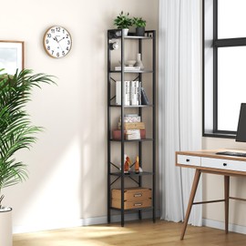 ZERDER 6 Tier Bookshelf,Book Shelf, Bookcase with 6 Shelves and 2 Hooks, Storage Rack Organizer, Corner Wood Storage Shelf with Metal Frame (Black)