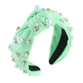 Gmmidea Pearl Knotted Women Headband Sparkle Rhinestone Jeweled Headband Wide Knot Crystal Embellished Hairband Fashion Women's Hair Accessories Mint Green