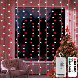 Luces de cortina de batería rojas y blancas de 300 luces LED de Navidad de 9.8 pulgadas de largo x 9.8 pies de alto, luces de cortina de bastón de caramelo con control remoto, 8 modos de temporizador
