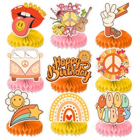9PCS Groovy Honeycomb Centerpieces Themed Birthday Party Decorations Boho Retro Daisy Hippie Centerpiece Table Decoration Party Favors Decor Supplies Gifts for Boys Girls Men Women