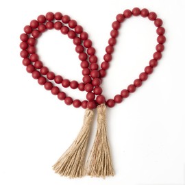 OMISHE 59in Wood Bead Garland with Tassels, Decorative Beads Decor, Farmhouse Wooden Beads Garland for Wall Hanging Home Festival Decor, Burgundy, Wind Red
