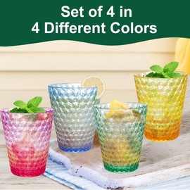 Lily's Home Unbreakable Premium Drinking Glasses Set of 4, Plastic Cups, Reusable Drinkware, Tumblers Water Cups in 4 Colors BPA-Free Shatterproof & Stackable, Indoor & Outdoor cups 3.4in×4.3in,13.5oz