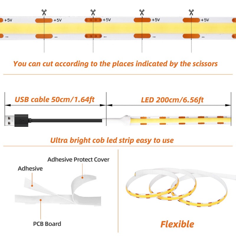 VLAGHPLE USB LED Strip Lights, Super Bright COB LED Strip