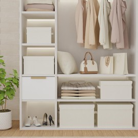 GUOHNHE XSNY12BES-2 Storage Box with Lid, Foldable Boxes Storage, Wardrobe Organiser with 2 Fabric Handles, for Bedroom, Clothes Storage, Pack of 2, Beige, 26 x 20 x 17 cm