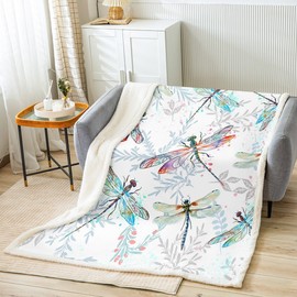 Libélula Manta decorativa para niños, con estampado de libélula, manta mullida para cama, sofá, sofá, floral, de vellón de animales voladores, manta sherpa, acuarela, rosa, botánica, 50 x 60 pulgadas