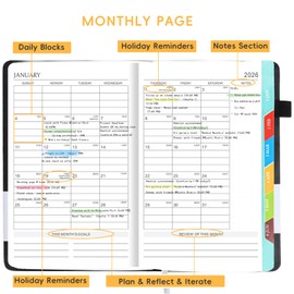 2026 Planner, A5 (5.6"x 8.5") Planner 2026 Jan-Dec, Monthly/Weekly/Daily Tabs with Contacts & Holidays, PU Leather Cover & 100gsm Paper, Organizer for School and Business Supplies (Black)