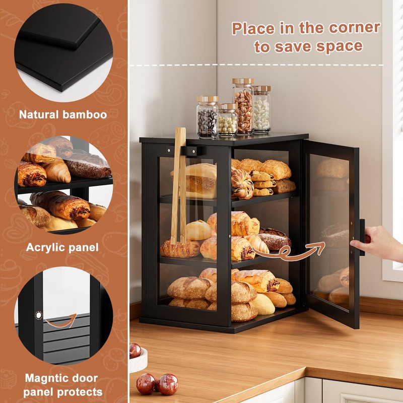 WOWLIVE Black Bread Box for Kitchen Countertop, Large 3 Layers