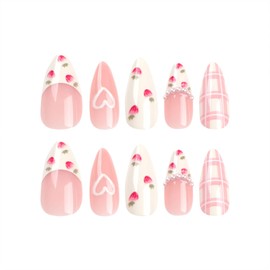 Valentines Day Press on Nails Almond Medium Fake Nails with White French Tip Strawberry Heart Designs Cute Valentines False Nails Press ons Glossy Glue on Nails for Women 24 Pcs