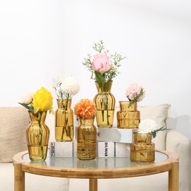 GARSHEON Small Vases for Flowers, Set of 6 Glass Vases for Centerpieces, Amber Vases for Centerpieces, Mini Vases for Flowers, Small Flower Vases for Wedding, Table Decoration, Home