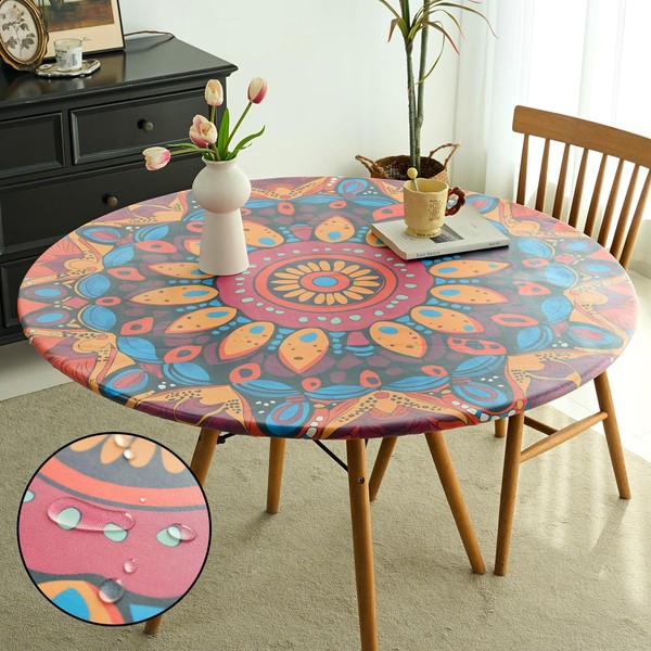 IBEQUEM Mandala Round Fitted Tablecloth with Elastic Edged, Ethnic Mandala