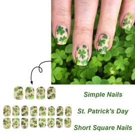 St. Patrick's Day Press on Nails Short Square Green Shamrock Fake Nails with Designs Spring Stick on Nails Matte Acrylic False Nails for Women Girls, Thick Natural Reusable Glue on Nails Kit