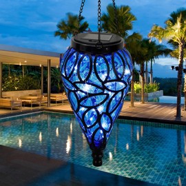 OMRAYTU Solar Hanging Lantern Outdoor Lights, Solar Lanterns Decorative Outdoor,Tear-Shaped 15 LEDs Cool White Hanging Lights with S Hooks Decor in Garden, Yard, Pathway, Front Door, Blue