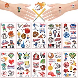 10 Sheets Baseball Tattoo Stickers for Kids,100+ Baseball Mixed Patterns Temporary Fake Waterproof Face Body Tattoo Sticker for Baseball Fans Baseball Game Celebration Party Decoration