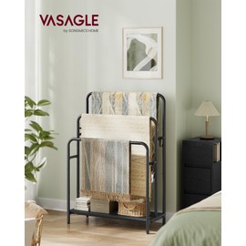 VASAGLE Freestanding Towel Rack, 3-Tier Blanket Holder with Storage Shelf, 27.6 x 11.8 x 39.4 Inches, Blanket Rack, 2 Hooks, for Blankets, Bath Towels, Ink Black and Ebony Black ULLS019B01