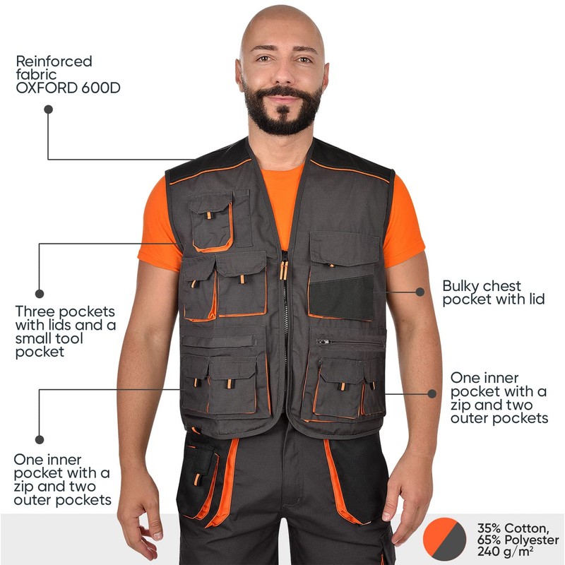 BWOLF Atlas Multifunctional Work Vest Men's Work Vest Classic Grey/Orange,