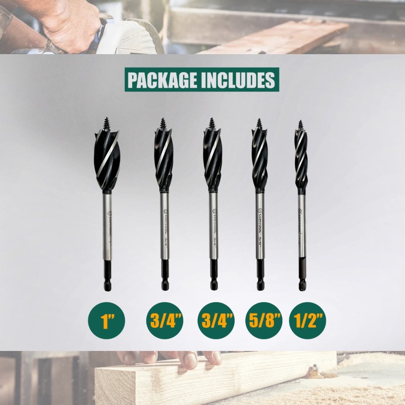 CORTOOL Auger Drill Bit for Wood,1/2", 5/8", 3/4" and 1"