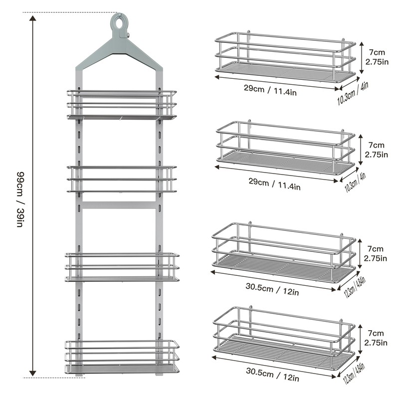 Orimade 4 Tier Adjustable Anti-slip Shower Caddy over Shower Head,Rustproof