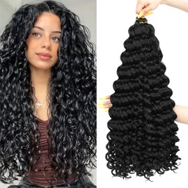 AMLUCKS Deep Wave Crochet Braids Hair Ocean Wave Braiding Hair for Black Women Girls Synthetic Water Wave Crochet Hair Extensions for Boho Braids (1B#, 22 Inch-3)