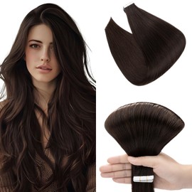 Elailite Tape Hair Extensions Real Human Hair 10 Pcs - Seamless Skin Weft Remy Natural Hair Extension Straight - #2 Dark Brown - 12 Inch 25g