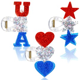 Yuxung 3 Pcs American Patriotic Dangle Hair Clips July 4th Acrylic Hair Claw Clip Glitter Red White Blue Star Heart USA Hair Accessories for Independence Memorial Day Veteran's Day Party Favor Gift