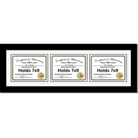 CreativePF [8x30bk-w] Black Horizontal 7x9 Triple Diploma Frame with 3 Opening White Matting | Holds 3 7x9 inch Documents with installed Wall Hanger